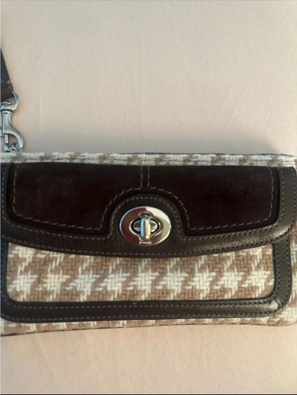 SOLD Coach Beige/Tan Wool Houndstooth Wristlet with Dark Brown Suede and Leather
